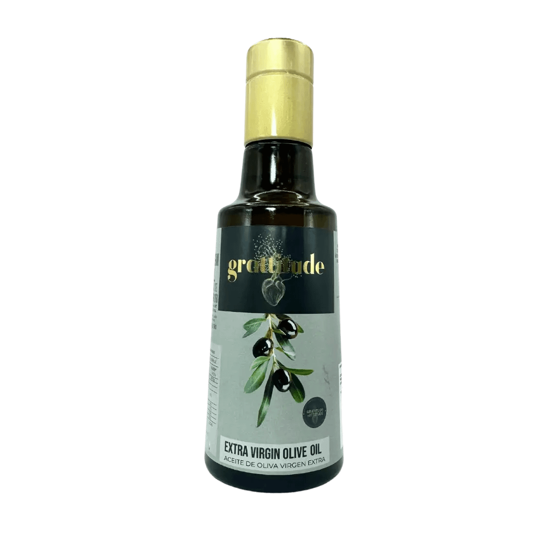 Botella de aceite de oliva virgen extra grattitude