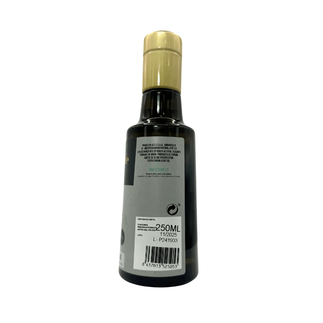 Parte trasera botella de aceite de oliva virgen extra grattitude