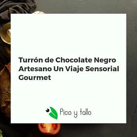 Turrón de chocolate negro gourmet artesano con inclusiones variadas y brillo sedoso, sobre una tabla de madera.